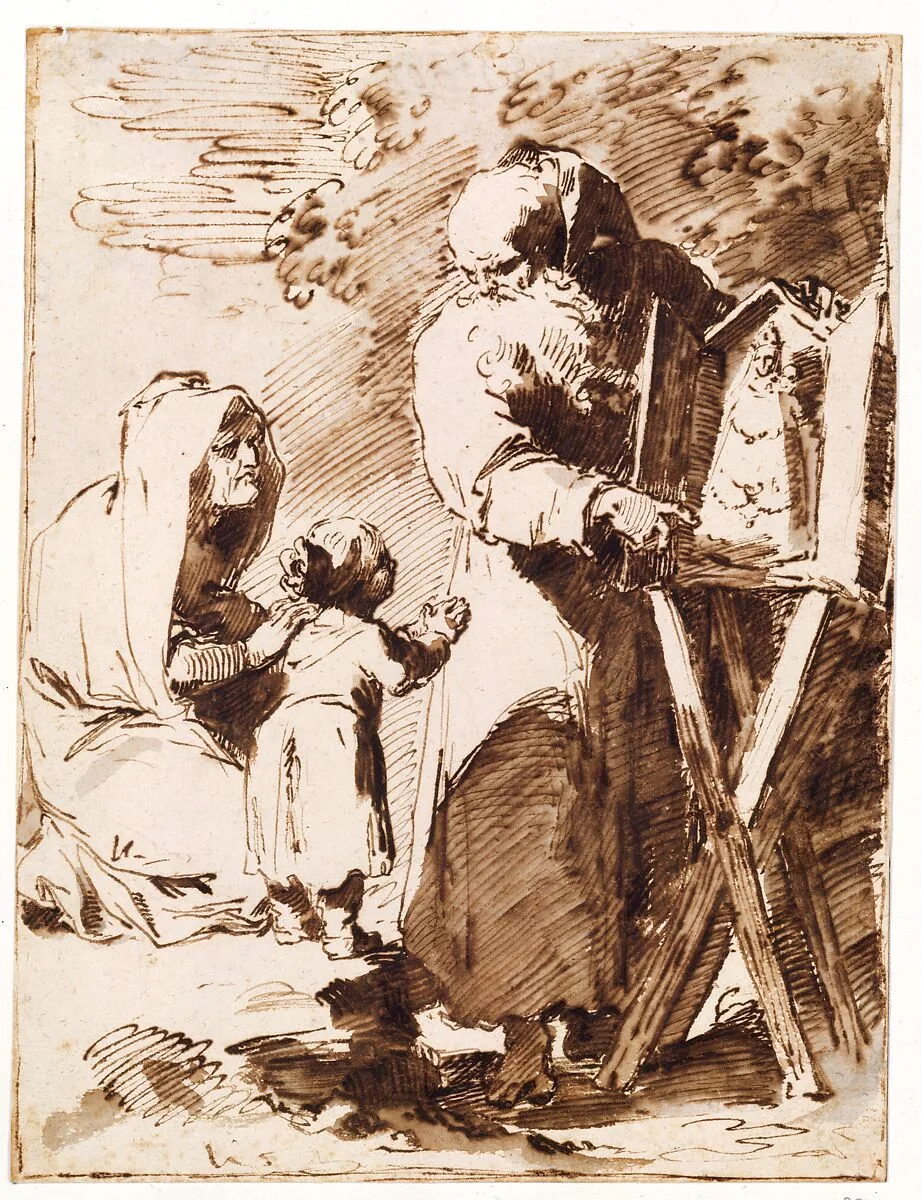 A Bearded Monk Showing a Portable Altar to a Praying Child, with an Old Woman Kneeling — Pietro Antonio Novelli
