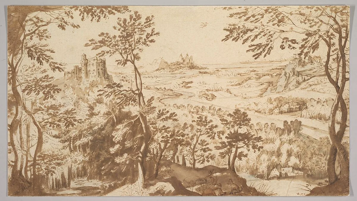 Panoramic Landscape with a Mill, a Castle and Mountains — Master of the Kurpfälzisches Skizzenbuch