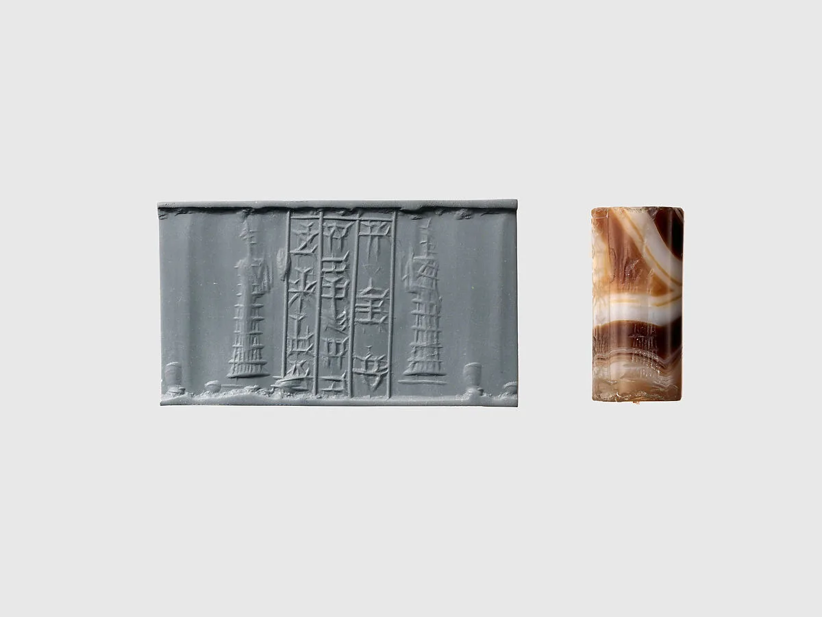 Cylinder seal and modern impression: suppliant goddesses — Unknown