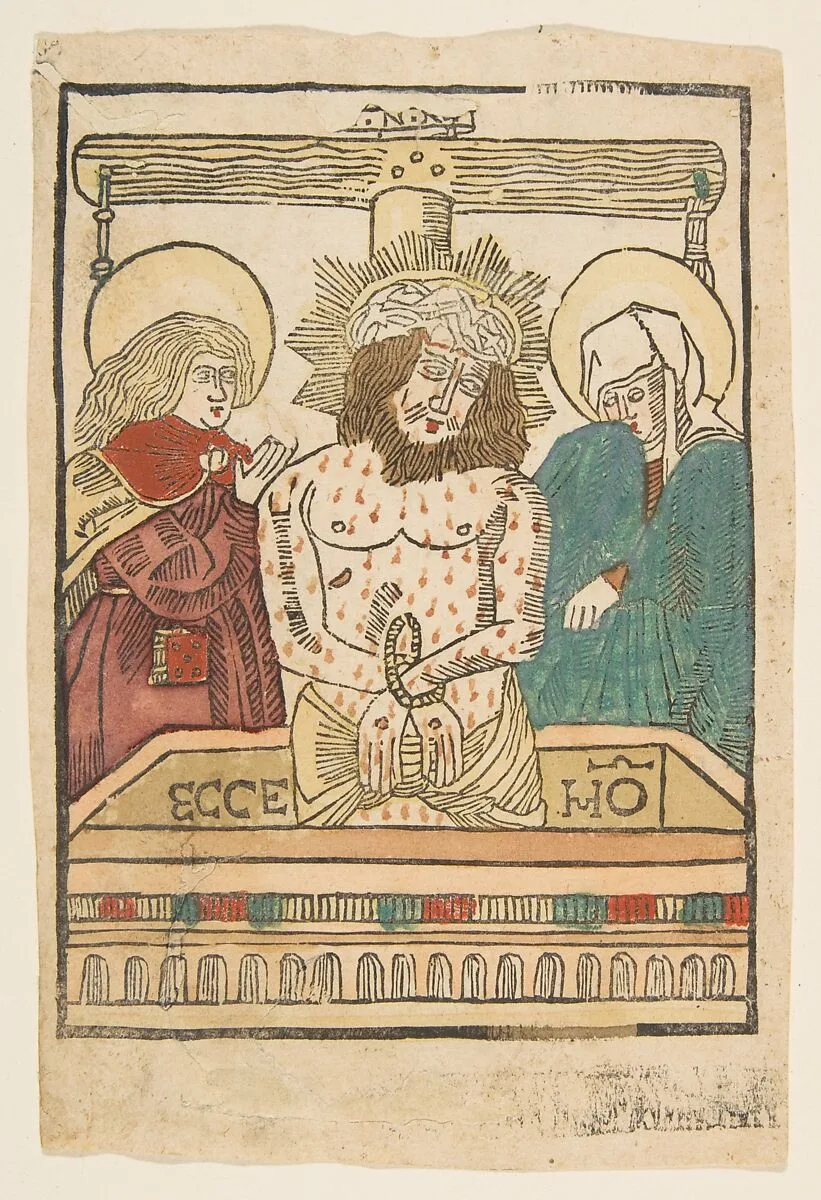 The Man of Sorrows between the Virgin and Saint John (Schr. 996) — Anonymous, German, 15th century