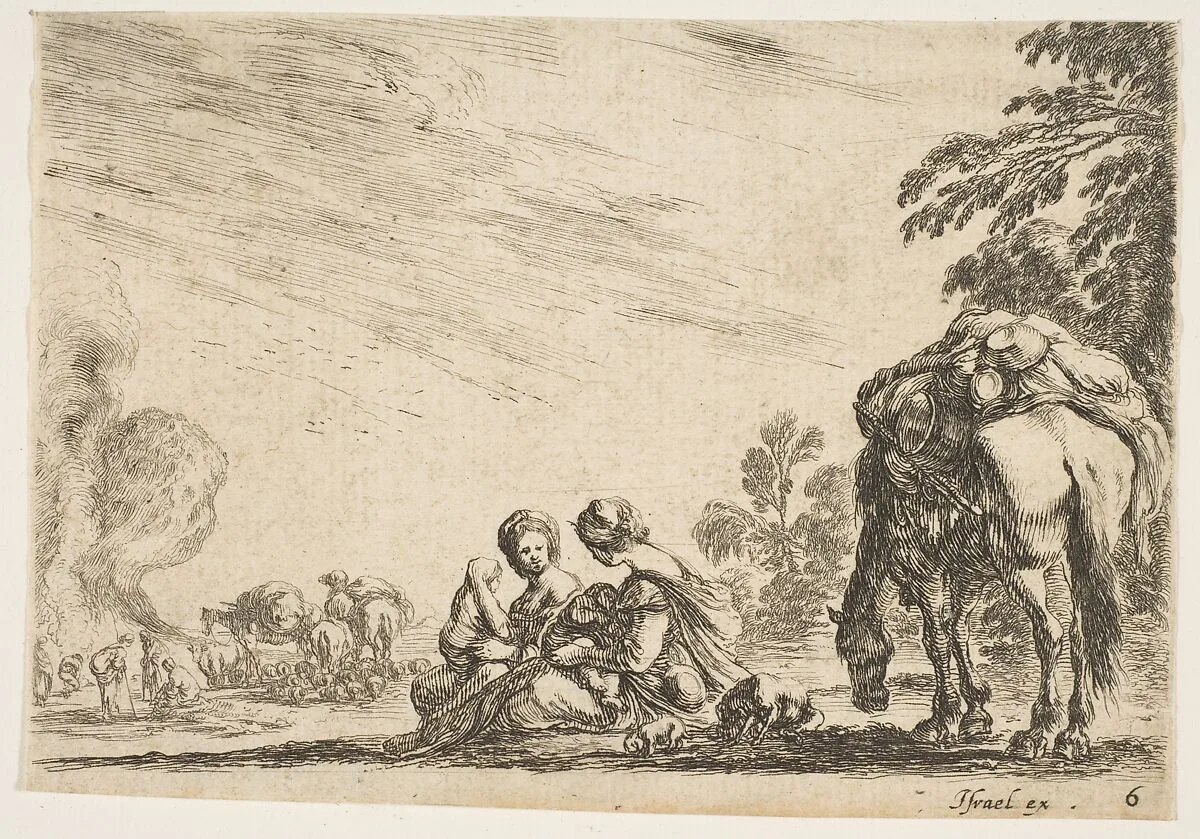 Two women, one nursing a child, seated next to a dog and a horse carrying a pack, horses and figures to left in the background, plate 6 from "Various Figures" (Agréable diversité de figures) — Stefano della Bella|Israël Henriet