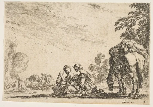 Two women, one nursing a child, seated next to a dog and a horse carrying a pack, horses and figures to left in the background, plate 6 from "Various Figures" (Agréable diversité de figures)