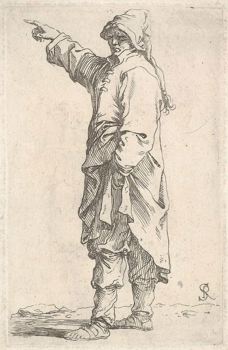 A man wearing a long outer garment and cap pointing to the left, from the series 'Figurine' — Salvator Rosa