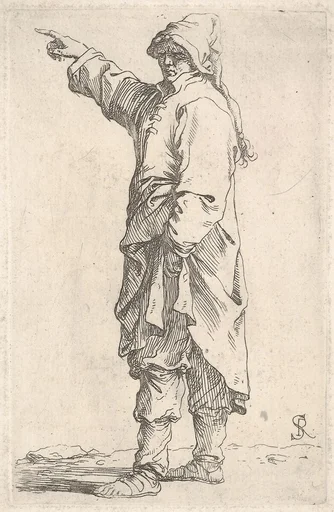 A man wearing a long outer garment and cap pointing to the left, from the series 'Figurine'