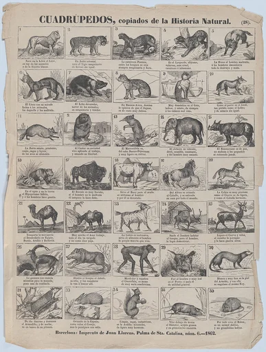 Broadside with 36 images of quadrupeds (animals)