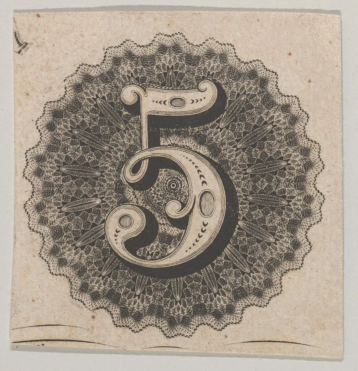 Banknote motif: number 5 against a circular panel of lace-like lathe work with a scalloped edge — A. B. & C. Durand & Company|Durand, Perkins, and Company|Cyrus Durand