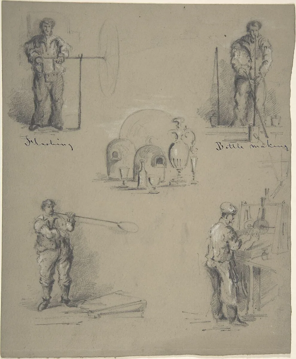 Five images showing the processes of manufacturing glass — Anonymous, British, 19th century