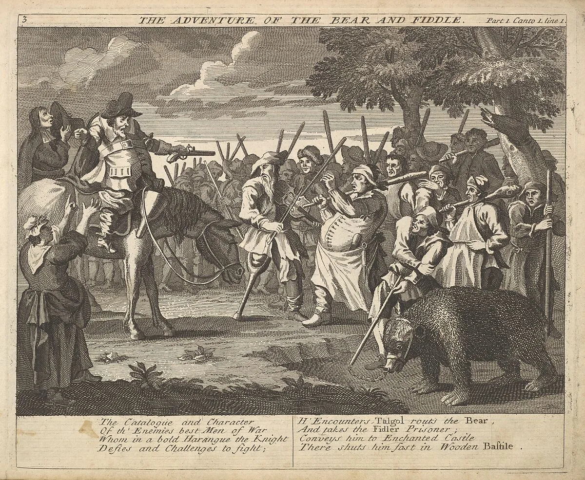 The Adventure of the Bear and the Fiddle (Plate 3: Illustrations to Samuel Butler's Hudibras) — William Hogarth|Henry Overton and J. Hoole|Samuel Butler