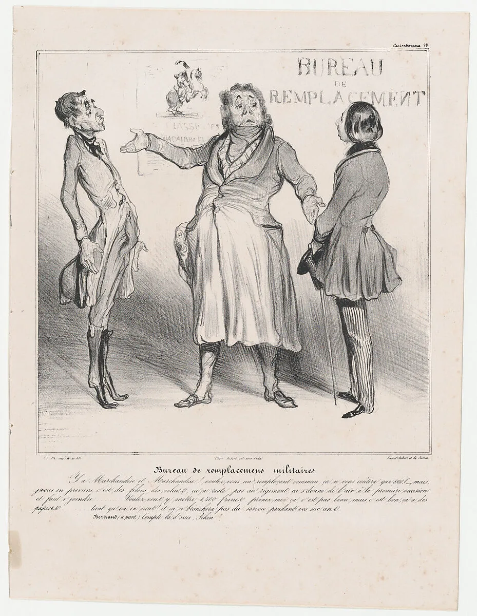 Plate 28: Conscript replacement agency, from 'Caricaturana,' published in Les Robert Macaires — Aubert et Cie|Charles Philipon|Junca|Honoré Daumier|Aubert et Cie