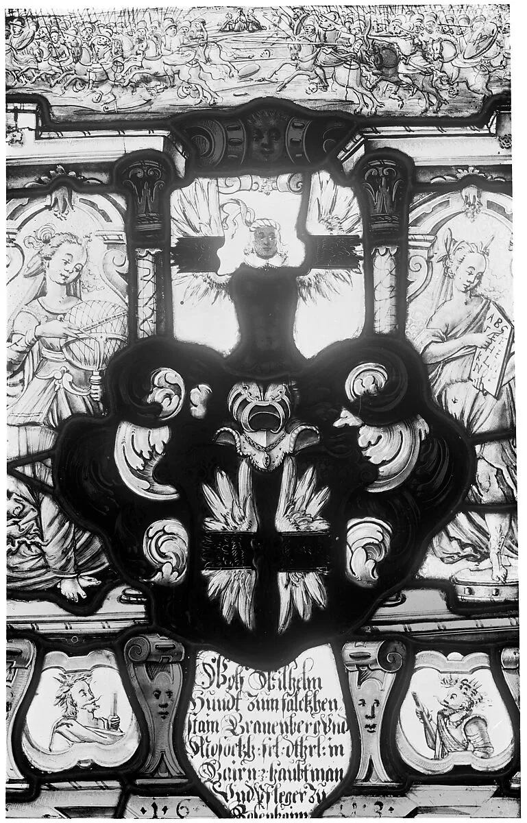 Battle scene and allegorical figures with the armorial of Wilhelm Hundt — Unknown