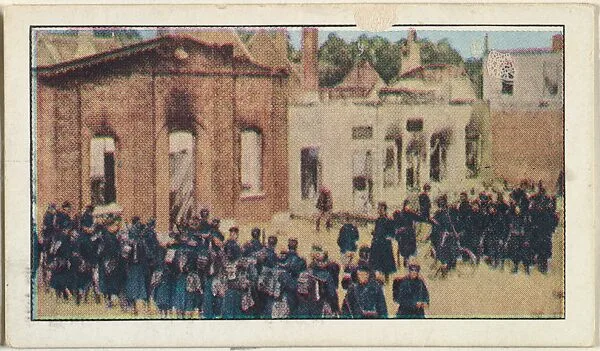 Card No. 69, Belgian Soldiers Before the Ruins of Termonde, from the World War I Scenes series (T121) issued by Sweet Caporal Cigarettes — American Tobacco Company|Underwood & Underwood