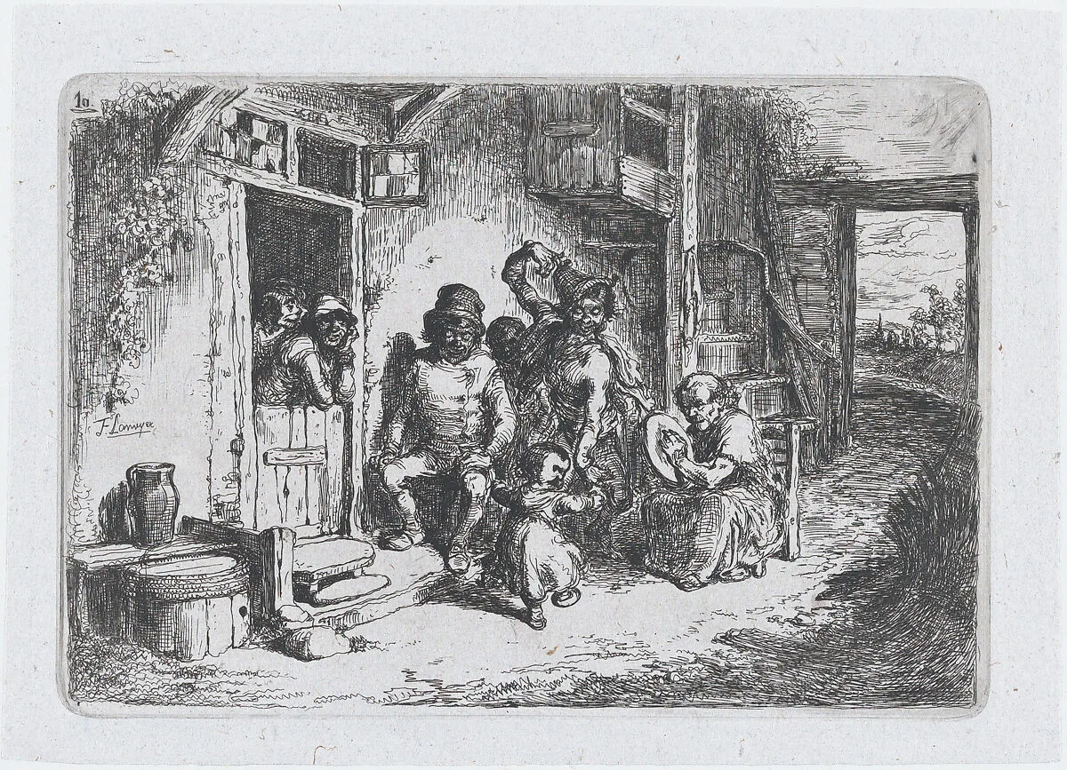 Plate 10: two figures dancing, another seated playing an drum, from the series of customs and pastimes of the Spanish people — Francisco Lameyer y Berenguer
