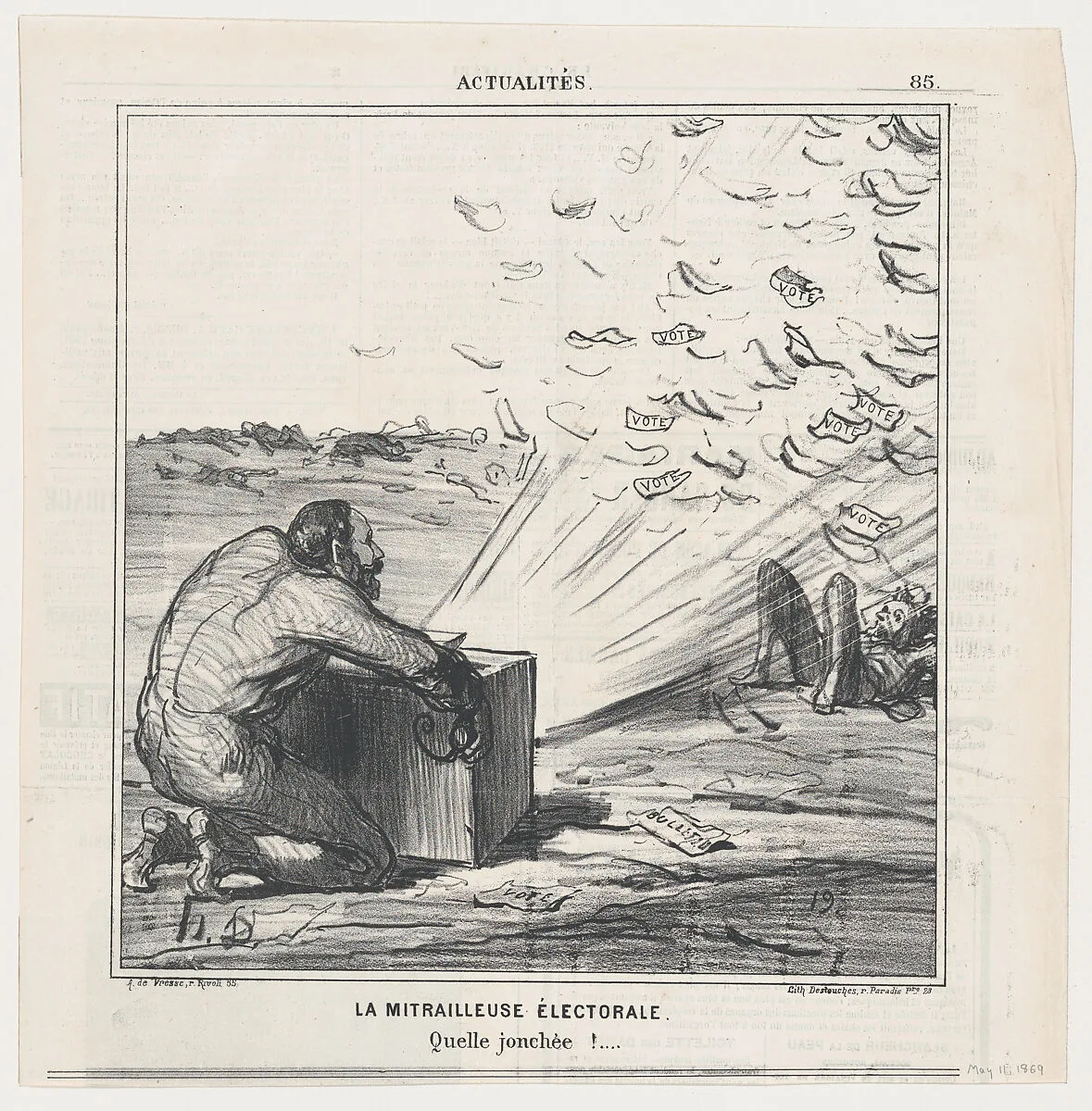The electoral machine gun. What a strewing of flowers., from 'News of the day,' published in Le Charivari, May 11, 1869 — Arnaud de Vresse|Honoré Daumier|Destouches