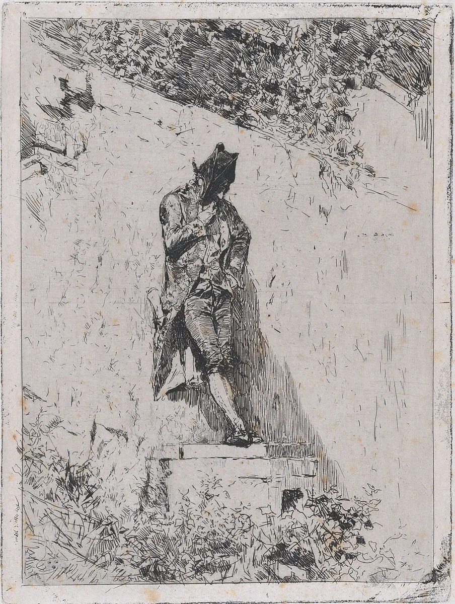 Meditation: a man standing on a step by a wall — Mariano Fortuny, 1838–1874