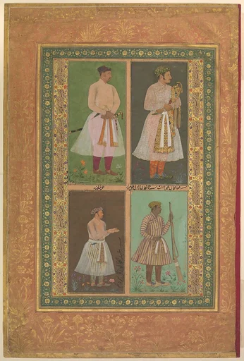 "Four Portraits: (upper left) A Raja (Perhaps Raja Sarang Rao), by Balchand; (upper right) 'Inayat Khan, by Daulat; (lower left) 'Abd al-Khaliq, probably by Balchand; (lower right) Jamal Khan Qaravul, by Murad", Folio from the Shah Jahan Album