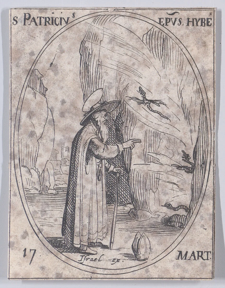 Ste. Patrice, évêque d'Irelande (St. Patrick, Bishop of Ireland), March 17th, from "Les Images De Tous Les Saincts et Saintes de L'Année" (Images of All of the Saints and Religious Events of the Year) — Jacques Callot|Israël Henriet