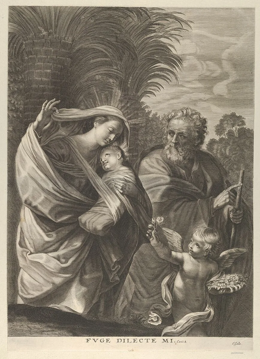 The Flight into Egypt; the Holy Family walking together, Saint Joseph pointing to the right and the Virgin carrying the infant Christ, an angel in front of her offering a flower, after Reni — Anonymous|Cornelis Galle II|Guido Reni