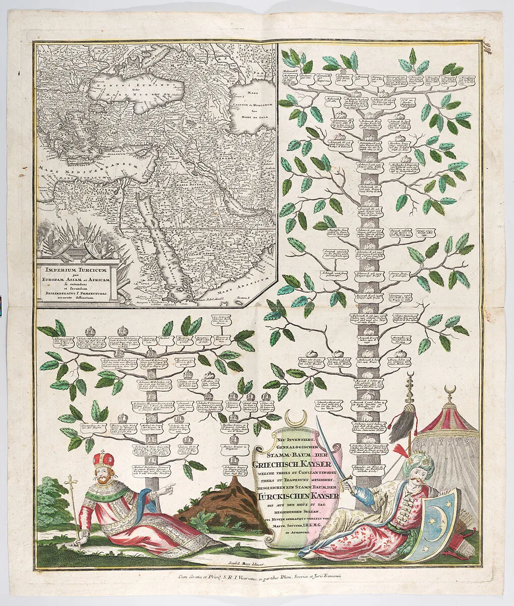 Neu inventiert genealogischer Stamm-Baum der Griechisch Kayser... desgleichen ein Stamm-Baum der Türckischen Kayser (A newly invented genealogical tree of the last Byzantine emperor...as well as one of the Turkish sultan) — Gottfried Rogg|Matthäus Seutter
