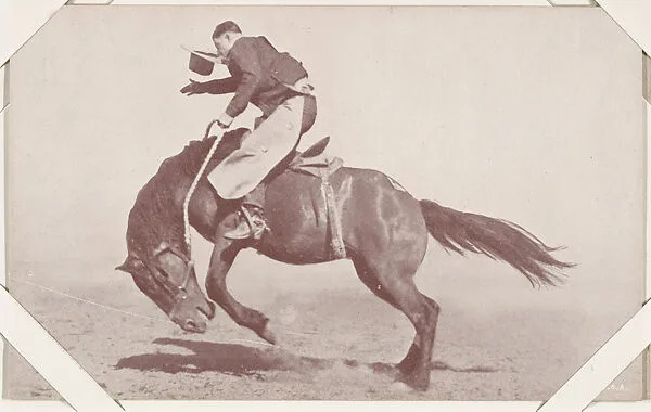 Cowboy with hat falling off riding bucking bronco from Indians and Western Historical Scenes series (W417) — Unknown