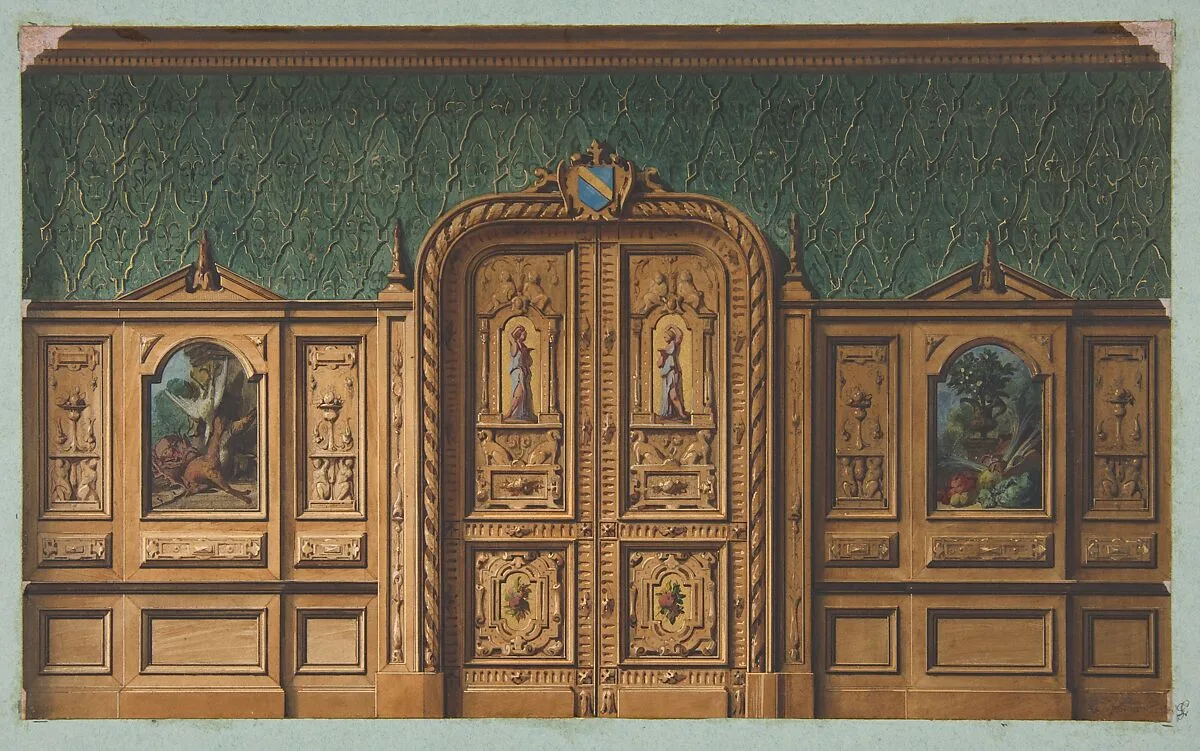 Design for a room with wood panels inset with paintings and a heavily-carved double door — Jules-Edmond-Charles Lachaise|Eugène-Pierre Gourdet
