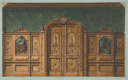 Design for a room with wood panels inset with paintings and a heavily-carved double door