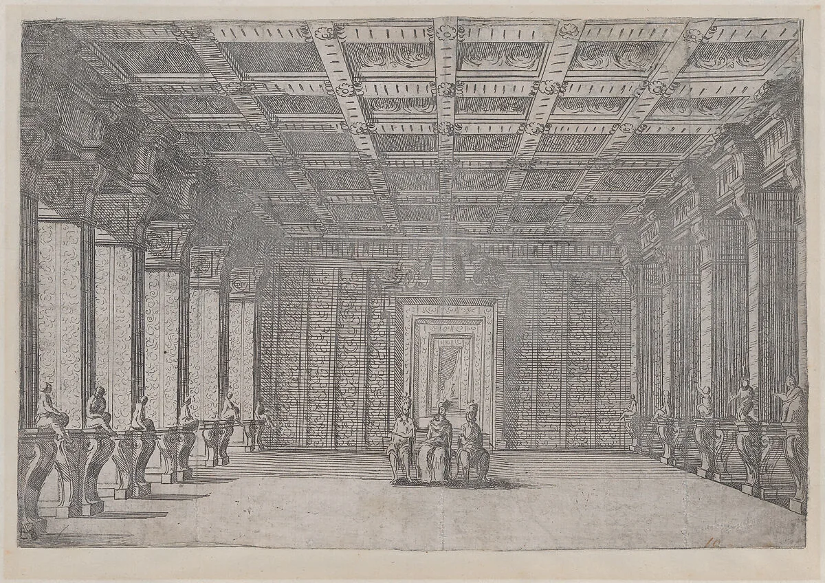 Theatrical scene with three figures seated in the middle of a room with columns at left and right and a coffered ceiling — Ludovico Ottaviano Burnacini