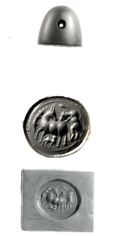 Conoid stamp seal: lions (?) attacking cow suckling calf — Unknown