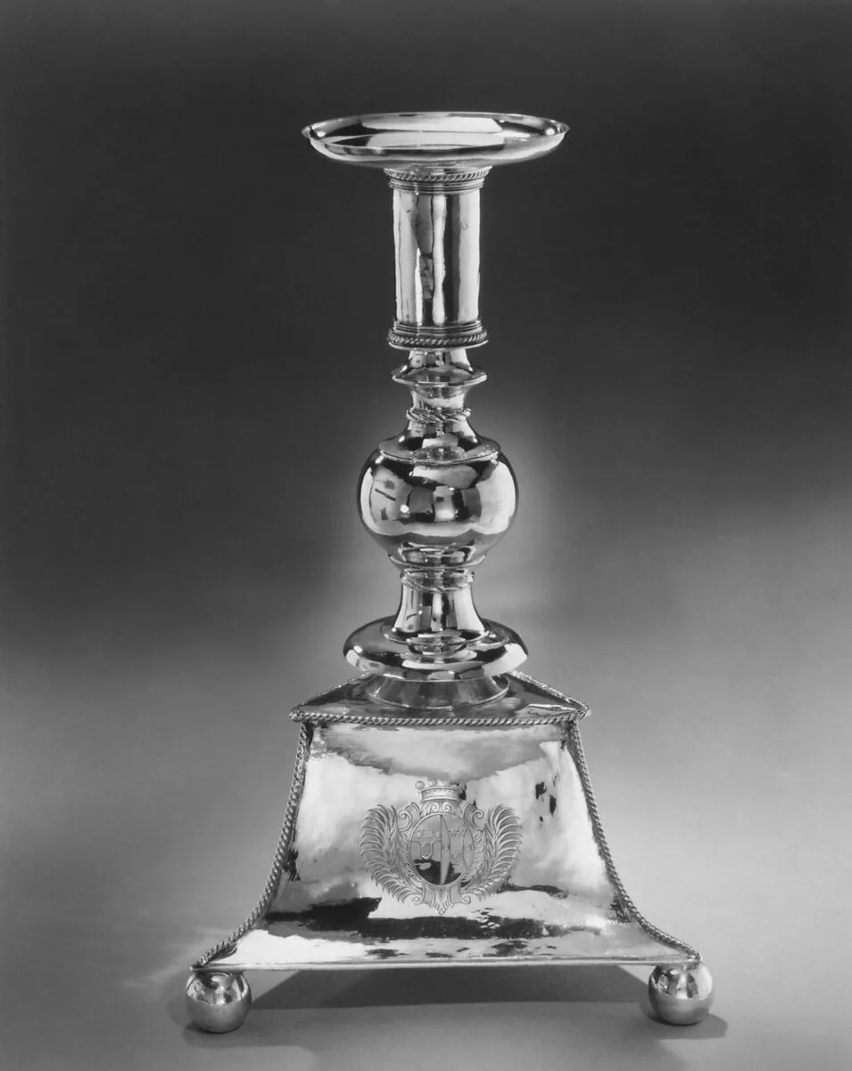 Candlestick (one of a set of six) — I. O. (probably), York|J. C. (probably), London