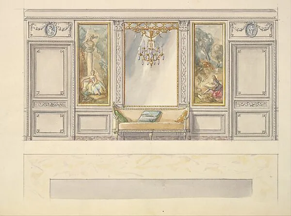 Design for a Wall Elevation with a Large Mirror and Sofa (Fourth Floor) — Mewès and Davis|Charles-Frédéric Mewès|Arthur Joseph Davis