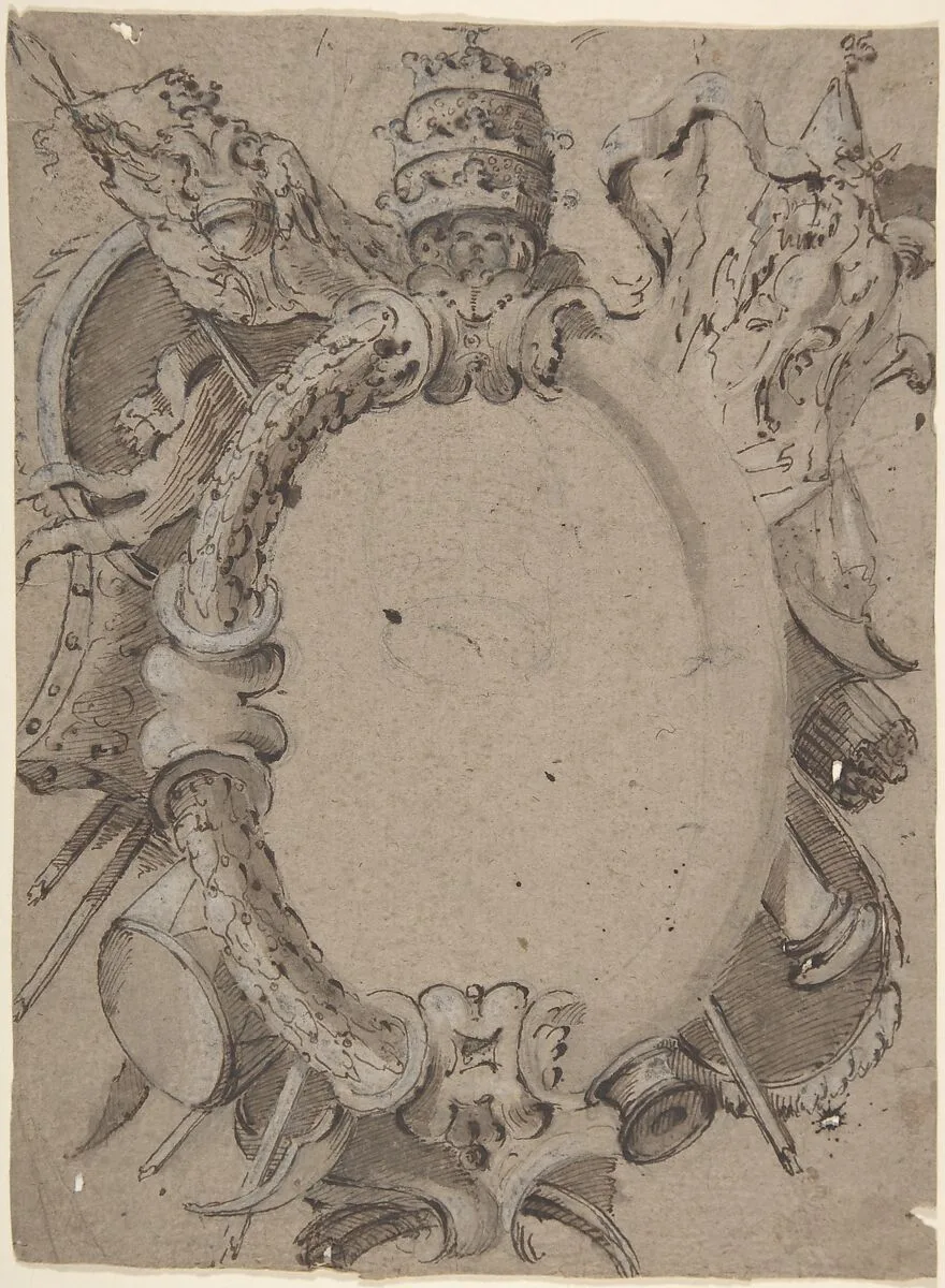 Design for Cartouche with Banners, Drums, Leaves and a Woman's Head with Tiara. — Carlo Bianconi
