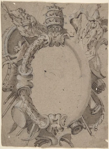 Design for Cartouche with Banners, Drums, Leaves and a Woman's Head with Tiara.
