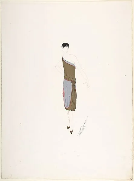 Design for Gold and Silver Dress Knotted at Hip and Trimmed in Red Beads for "Manhattan Mary," Majestic Theater, New York — Erté (Romain de Tirtoff)