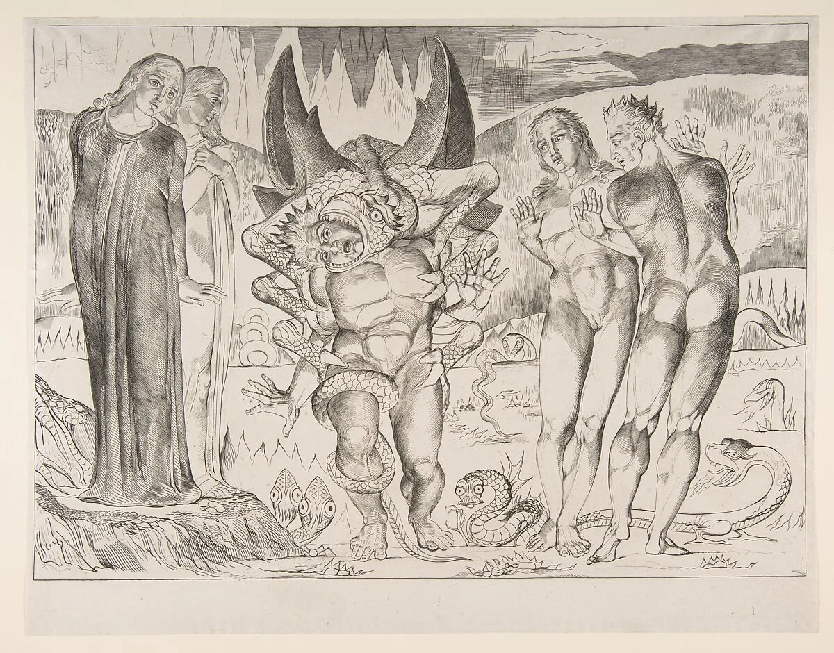 Circle of Theives: Agnello Brunelleschi Attacked By a Six-Footed Serpent — William Blake|Dante Alighieri