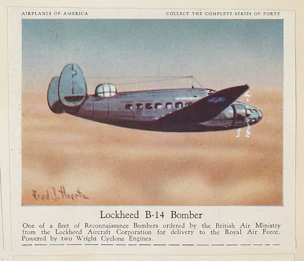 Lockheed B-14 Bomber, collector card from the Airplanes of America series (D2), issued by the Kelley Baking Company to promote Kelley's Bread — Kelley Baking Company