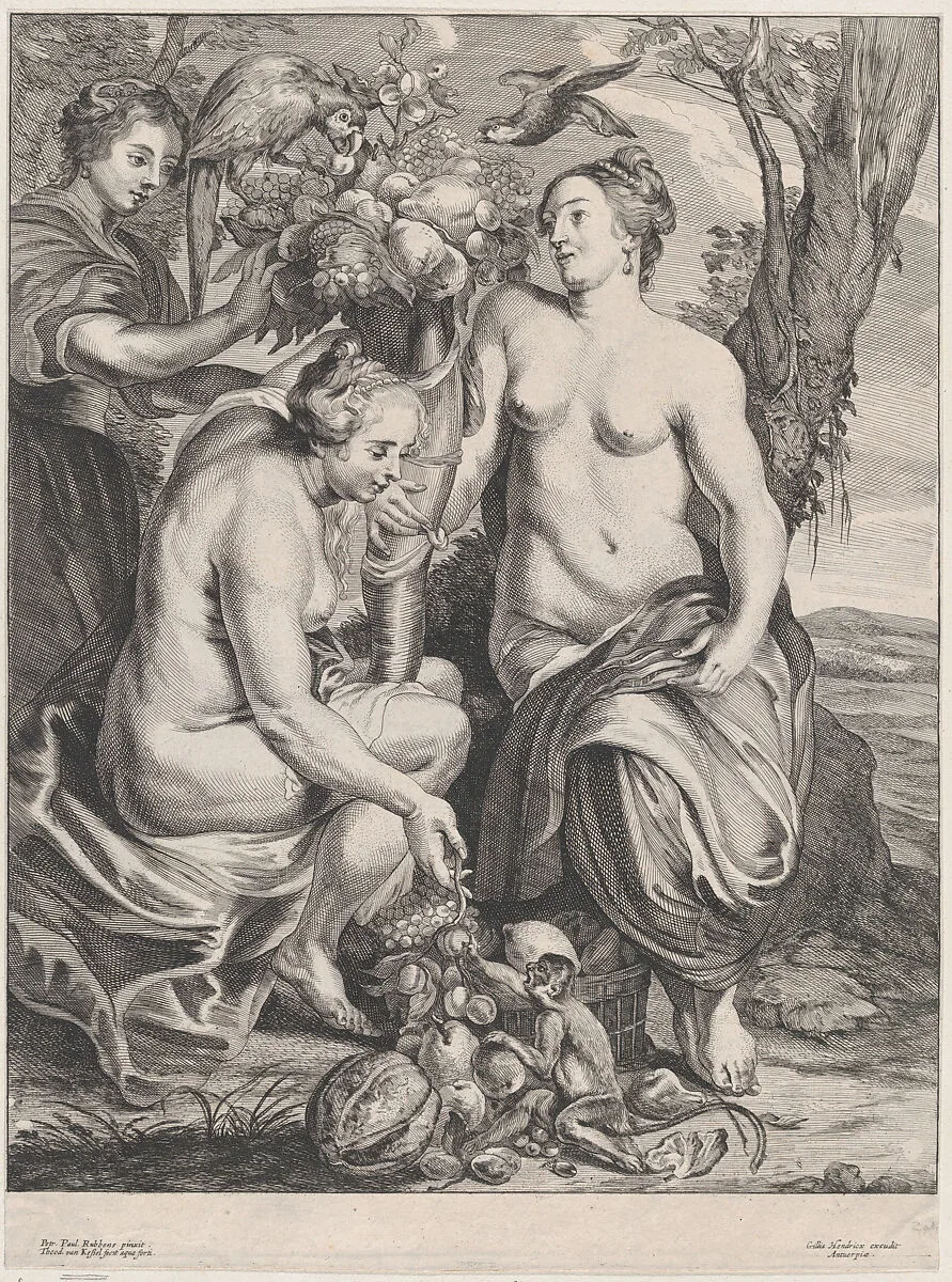 Allegory of abundance: Ceres holding a cornucopia at right and Pomona at left feeding fruit to a monkey — Theodor van Kessel|Peter Paul Rubens|Gillis Hendricx