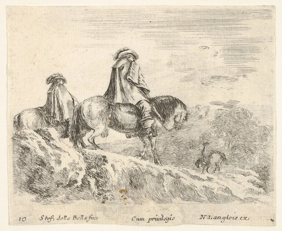Plate 10: two horsemen descending a mountain at left, another horseman to right in background, from 'Diversi capricci' — Stefano della Bella|Nicolas Langlois
