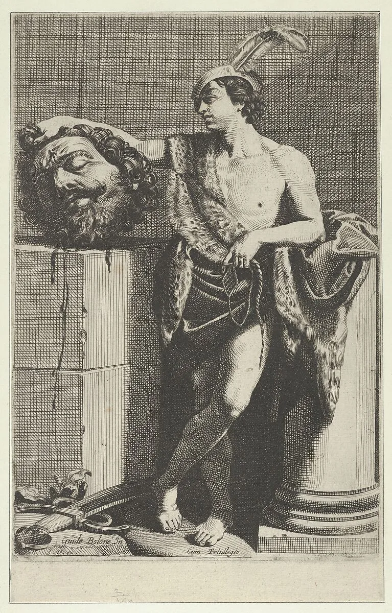 David standing with crossed legs and holding the head of Goliath on a pedestal at left, a sword on the ground, after Reni — Guido Reni|Anonymous