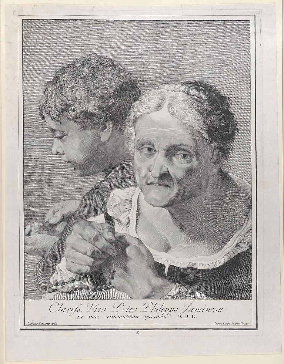 Plate 10: Old woman with a rosary and a boy counting coins; from 'Icones ad vivum expressae' after Giovanni Battista Piazzetta — Giovanni Cattini|Giovanni Battista Piazzetta