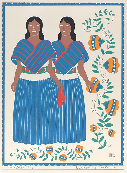 Plate 10: two Otomi women from the state of Mexico, from 'Trajes regionales mexicanos' (regional Mexican dress) — Editorial Atlante|Carlos Mérida