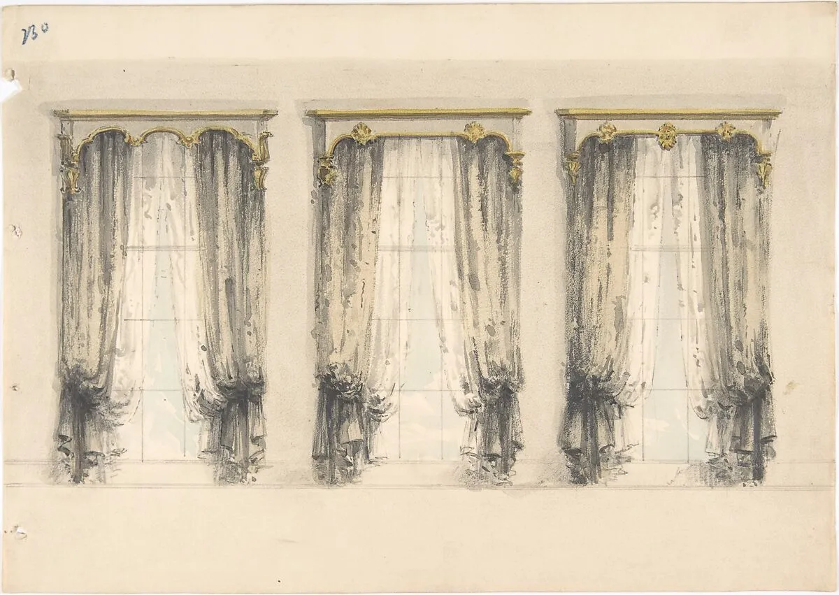 Design for Three Sets of Gray Curtains , with Gray and Gold Pediments — Anonymous, British, 19th century