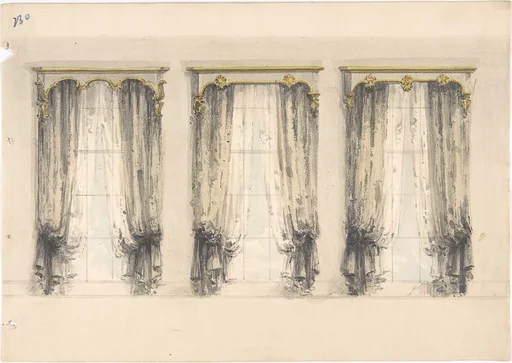 Design for Three Sets of Gray Curtains , with Gray and Gold Pediments