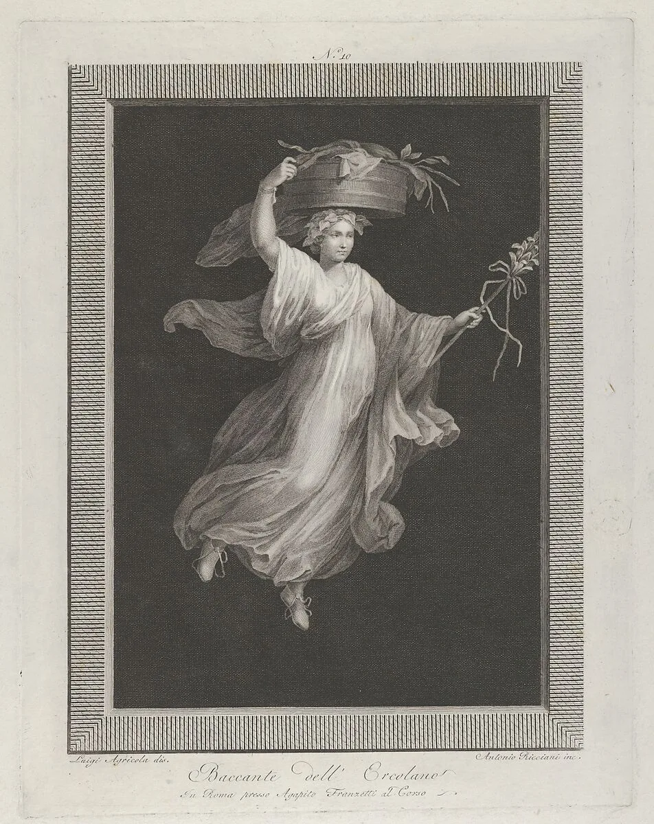 A bacchante carrying a large basket on her head and holding a staff in her left hand, set against a black background inside a rectangular frame — Agapito Franzetti|Luigi Agricola|Antonio Ricciani