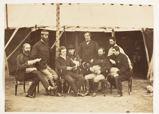 [Group Portrait: (L-R)Col.Yule P.W.D., Major Jones A.D.C., Mr. Walters, Captain Stanley A.D.C., Captain Baring A.D.C., Captain Roberts V.C.D.A.Q.M.G., Captain Hills V.C. A.D.C. and Sir E. Campbell Bart. Mry. Secry.]