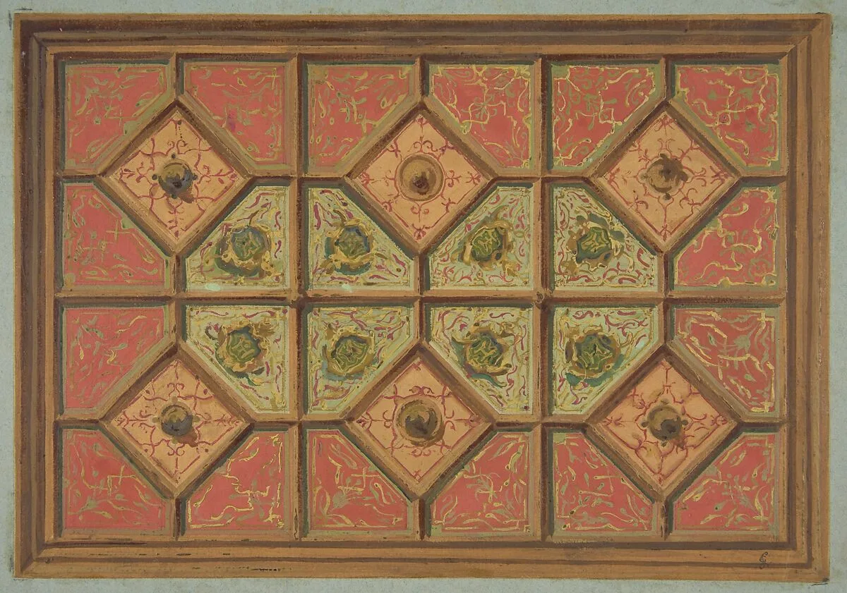 Design for the painted decoration of a coffered ceiling incorporating the initial: H — Jules-Edmond-Charles Lachaise|Eugène-Pierre Gourdet