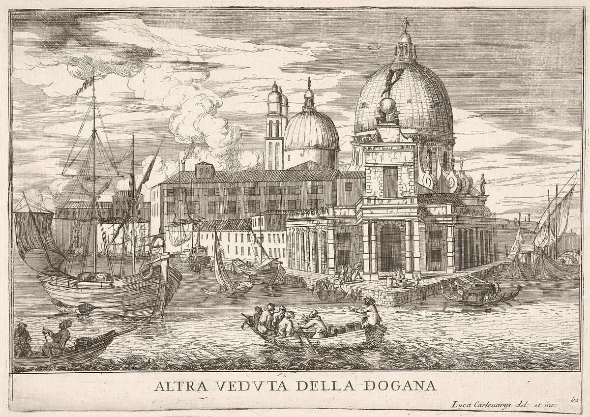 Plate 61: View of the customs house (Dogana da Mar) at the confluence of the Grand Canal and Giudecca Canal, Venice, 1703, from "The buildings and views of Venice" (Le fabriche e vedute di Venezia) — Luca Carlevaris