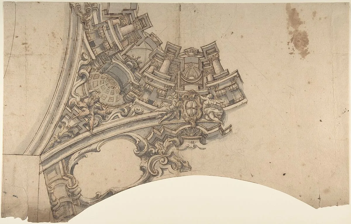 Design for a Part of a Painted Vaulted Ceiling with a Coat of Arms in Form of a Cross — Anonymous, Italian, Piedmontese, 18th century