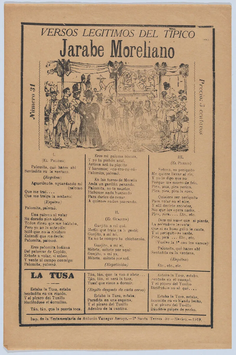 Broadsheet with songs for a Mexican courtship dance called the 'Jarabe Moreliano', a crowd of people and muscians — José Guadalupe Posada|Antonio Vanegas Arroyo