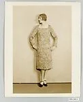 8 x 10 inch black and white photographs of model wearing dressmade from Stehli Silks Americana Print collection.