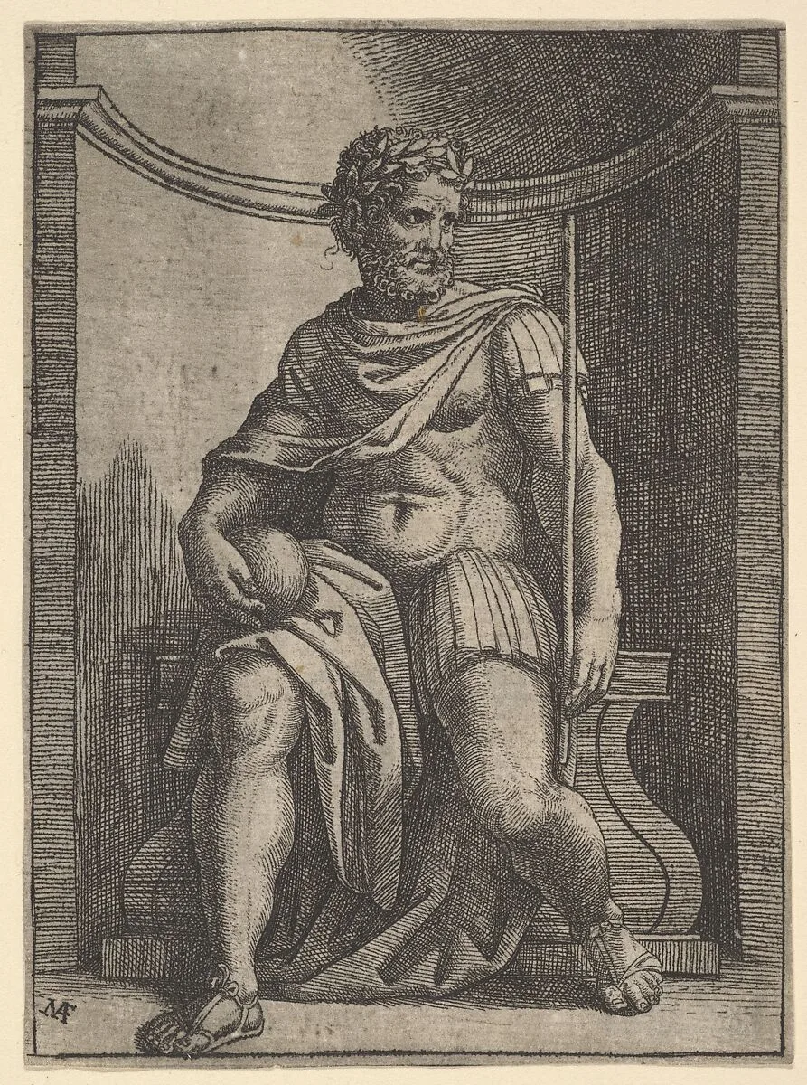 A Roman emperor sitting in a niche holding a globe and sceptre and looking to his left — Marcantonio Raimondi|Giulio Romano