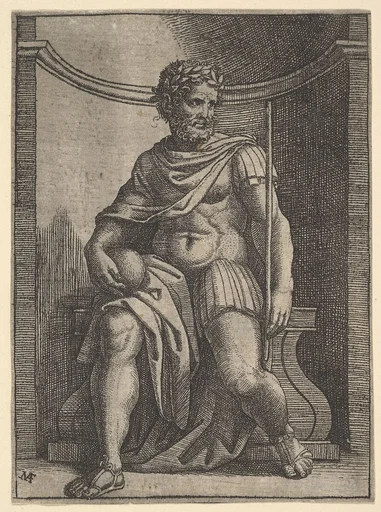 A Roman emperor sitting in a niche holding a globe and sceptre and looking to his left